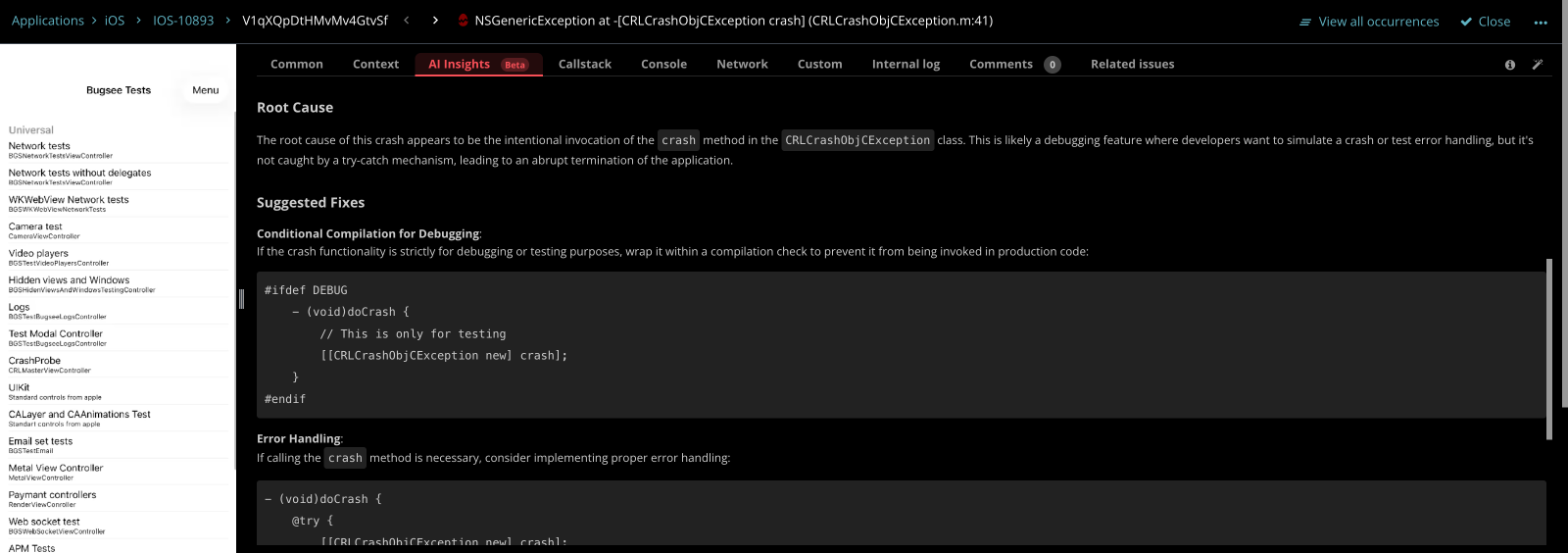 The AI Insights tab on an iOS crash in Bugsee, showing the root cause analysis and suggested fixes with code examples.