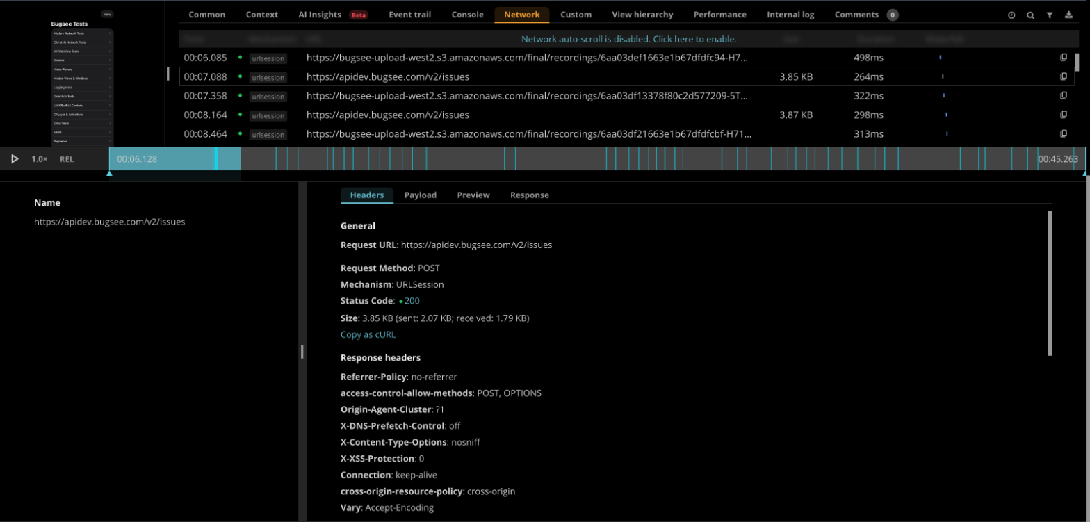 The Network tab of a Bugsee session with one request expanded: request URL, method, status code, size, and response headers, with Payload, Preview, and Response tabs.