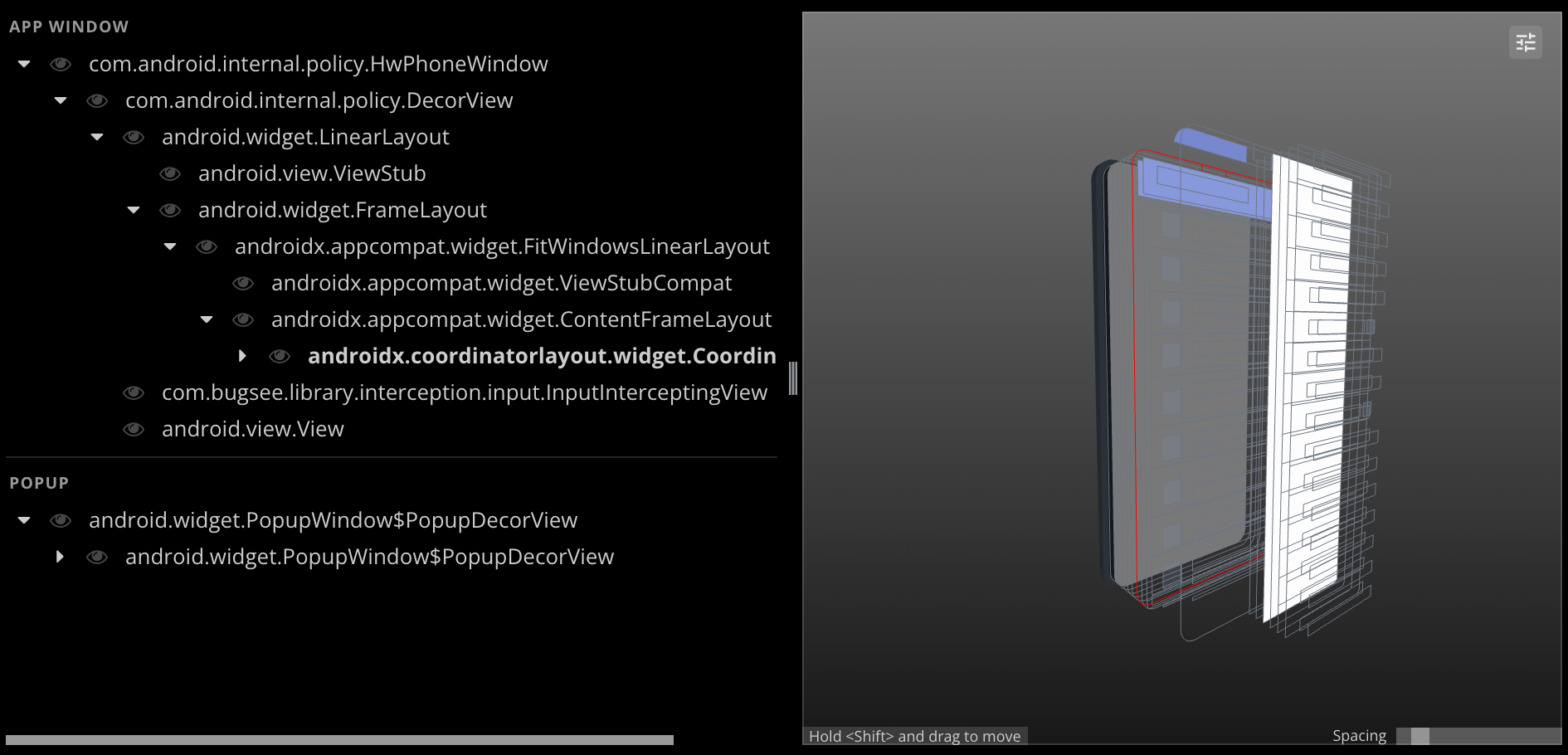 Bugsee view hierarchy: the tree on the left is grouped by window — APP WINDOW above, POPUP below — with a visibility toggle on every node; the 3D view on the right shows the captured device with its layers separated in depth.