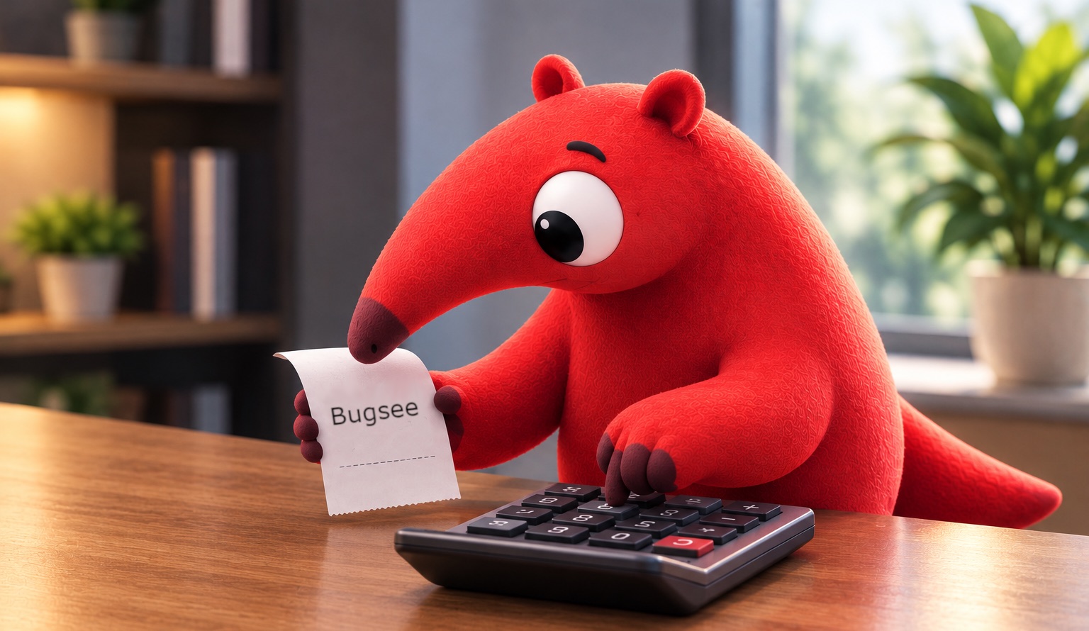 The Bugsee mascot tallying a receipt on a calculator