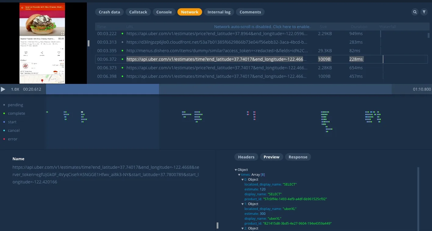 Captured network requests in Bugsee