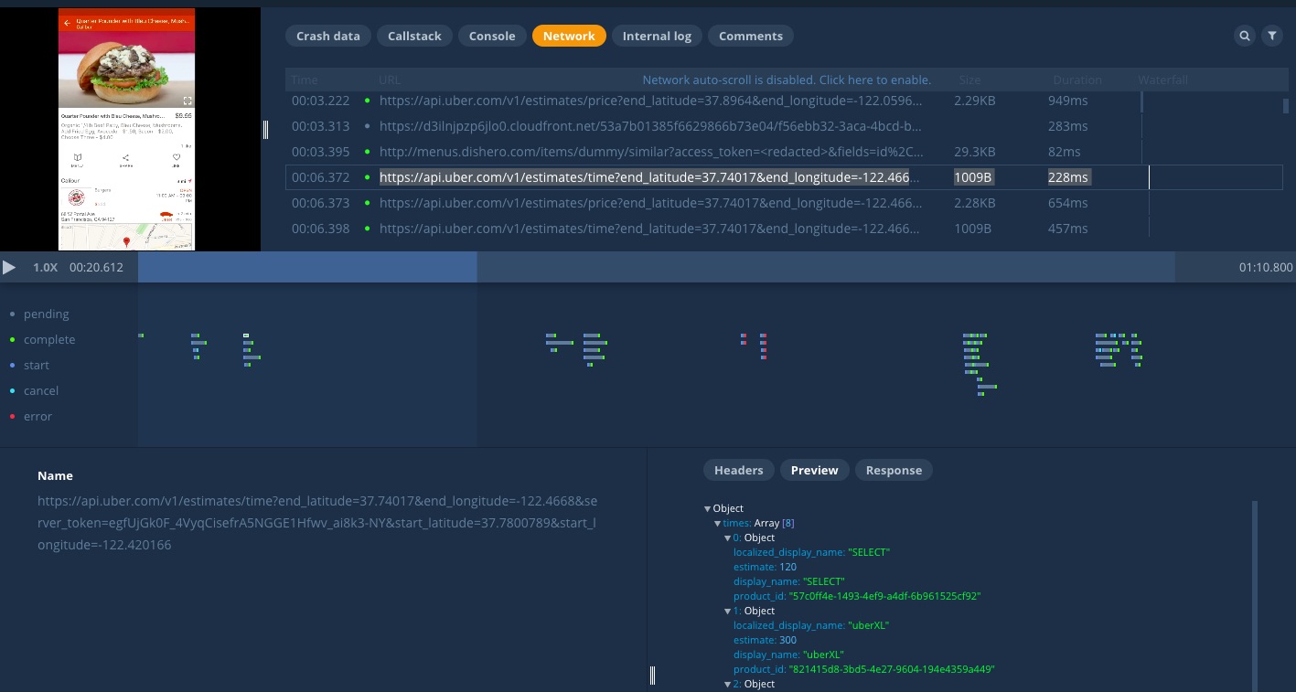 Captured network requests in Bugsee
